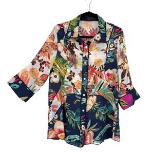 Funsport Button up Tunic Women Size XL Colorful Floral Art to Wear Lagenlook